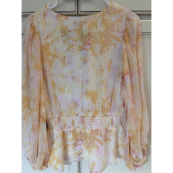 Vince Camuto V-Neck Balloon Sleeves Tie Dye Metallic Lining Top, Yellow S NWT - Picture 8 of 9